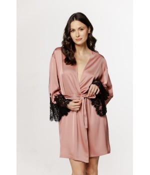 Beautiful mid-length, kimono-style robe in satin and lace with a belt.