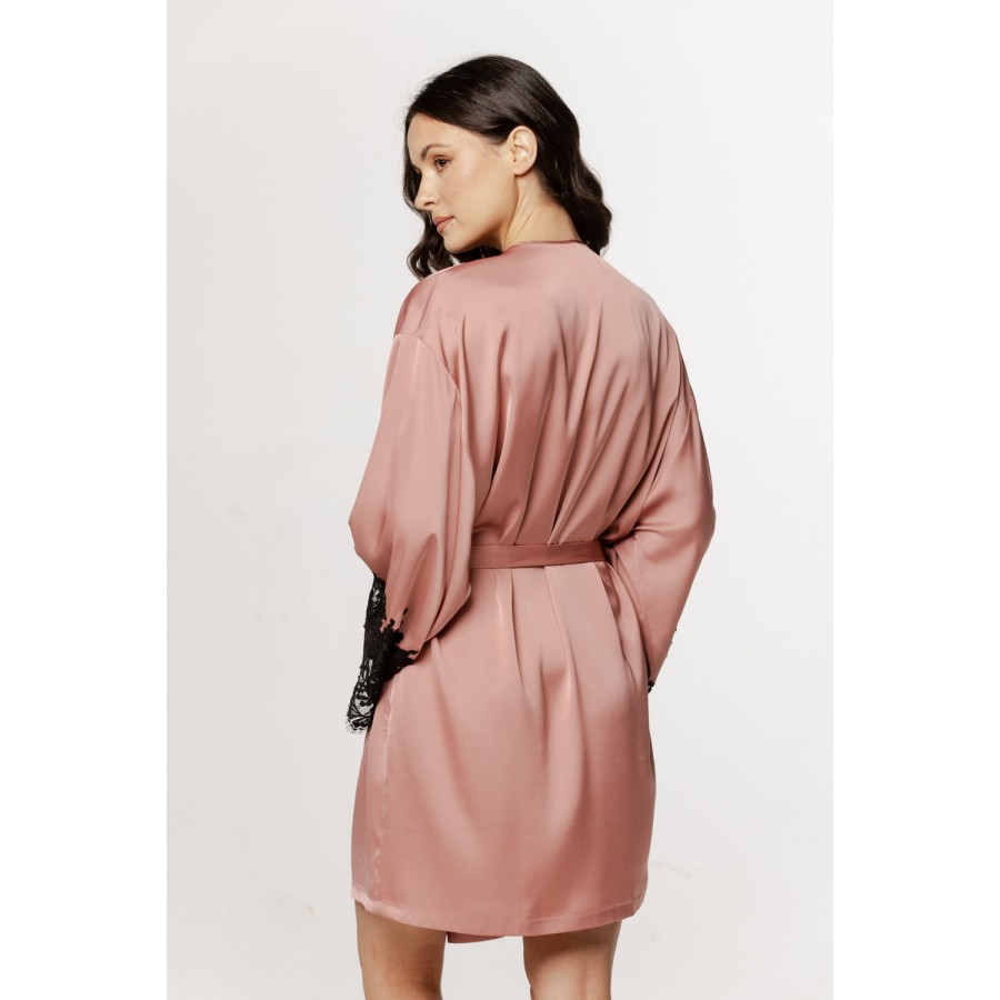 Beautiful mid-length, kimono-style robe in satin and lace with a belt.