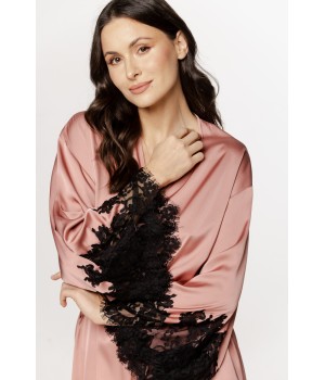 Beautiful mid-length, kimono-style robe in satin and lace with a belt.