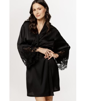 Beautiful mid-length, kimono-style robe in satin and lace with a belt.