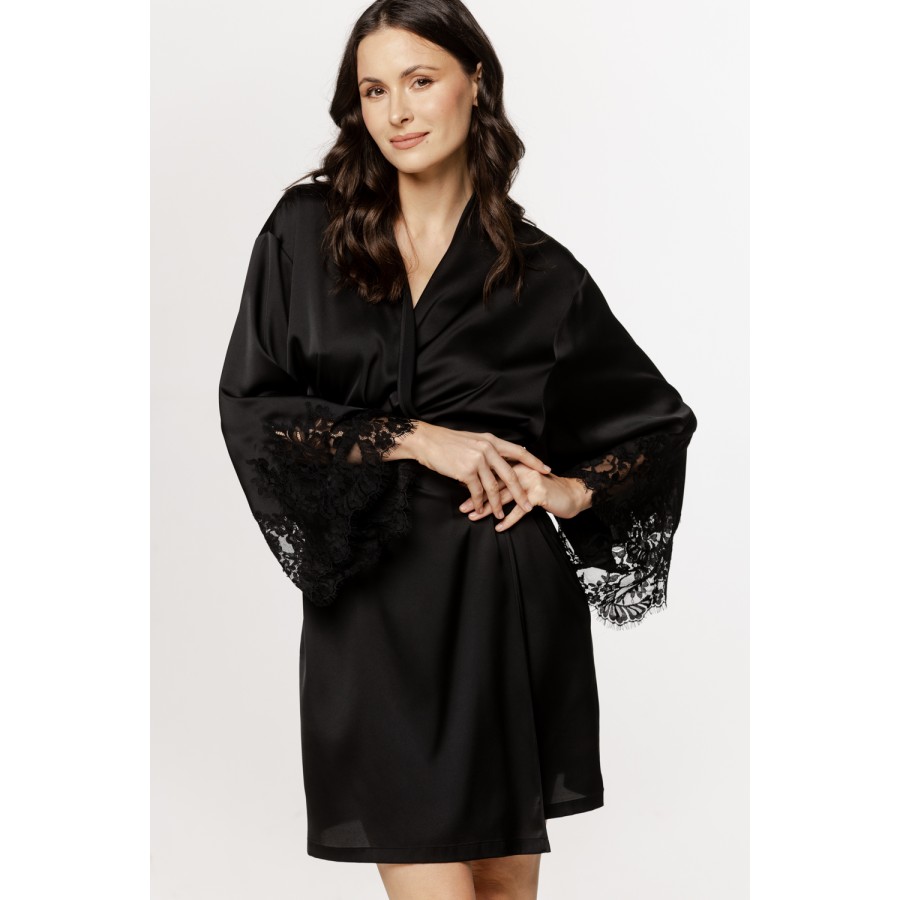Beautiful mid-length, kimono-style robe in satin and lace with a belt.