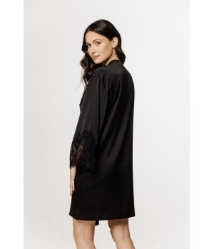 Beautiful mid-length, kimono-style robe in satin and lace with a belt.