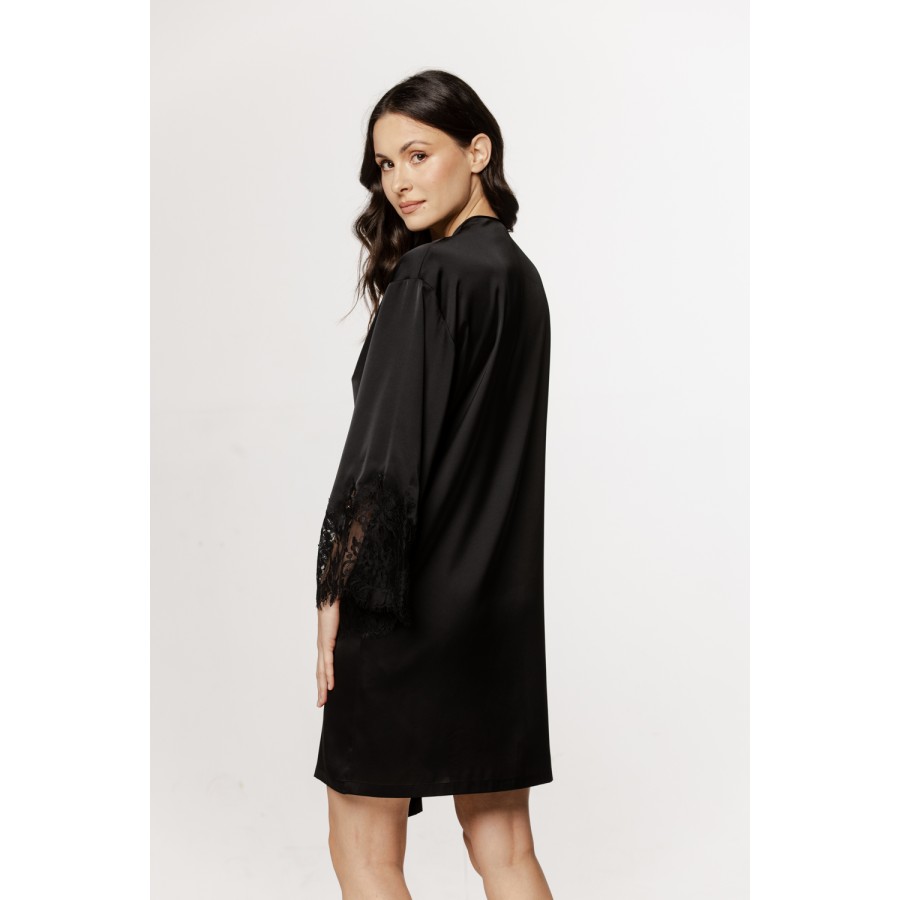 Beautiful mid-length, kimono-style robe in satin and lace with a belt.