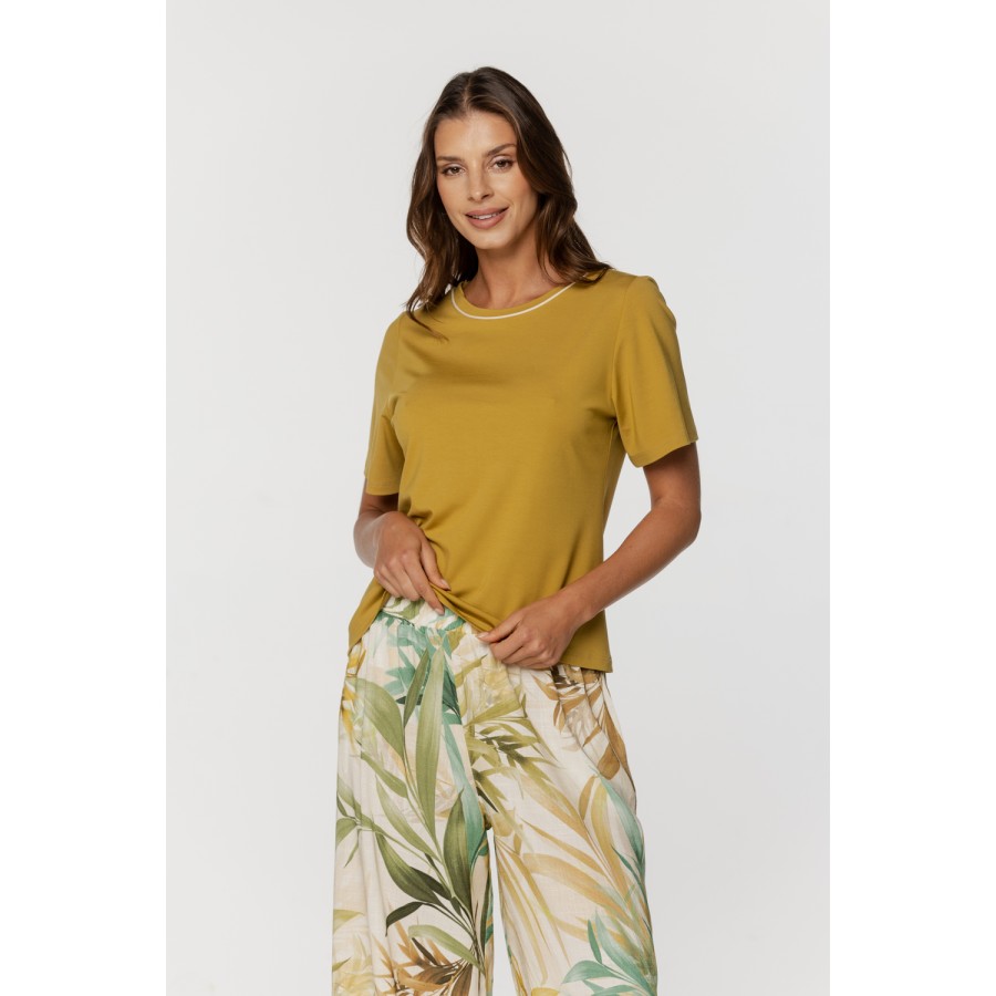 Ockerfarbenes, kurzärmeliges T-Shirt mit Rundhalsausschnitt aus Viskose und Nylon - COEMI LINGERIE