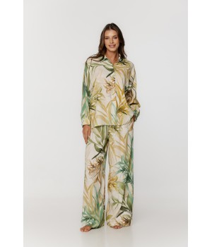 Loose-fitting viscose and linen pyjama set with a tropical print, consisting of a long-sleeved button-down shirt top