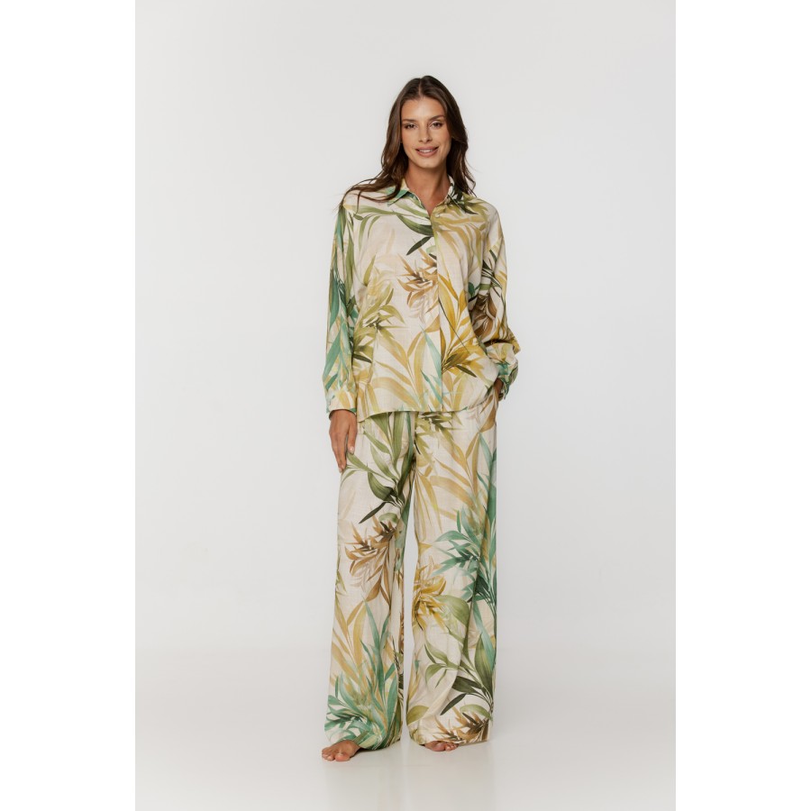Ensemble de pyjama ample en viscose et lin, motif tropical, haut chemise boutonnée à manches longues et pantalon ample