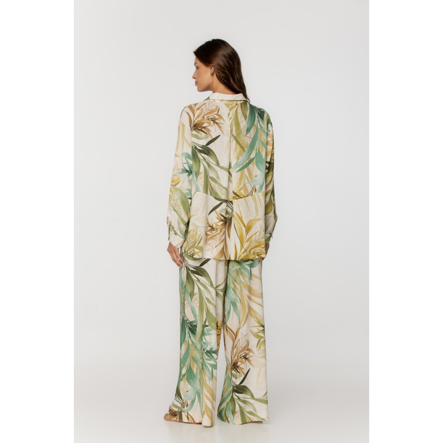 Ensemble de pyjama ample en viscose et lin, motif tropical, haut chemise boutonnée à manches longues et pantalon ample