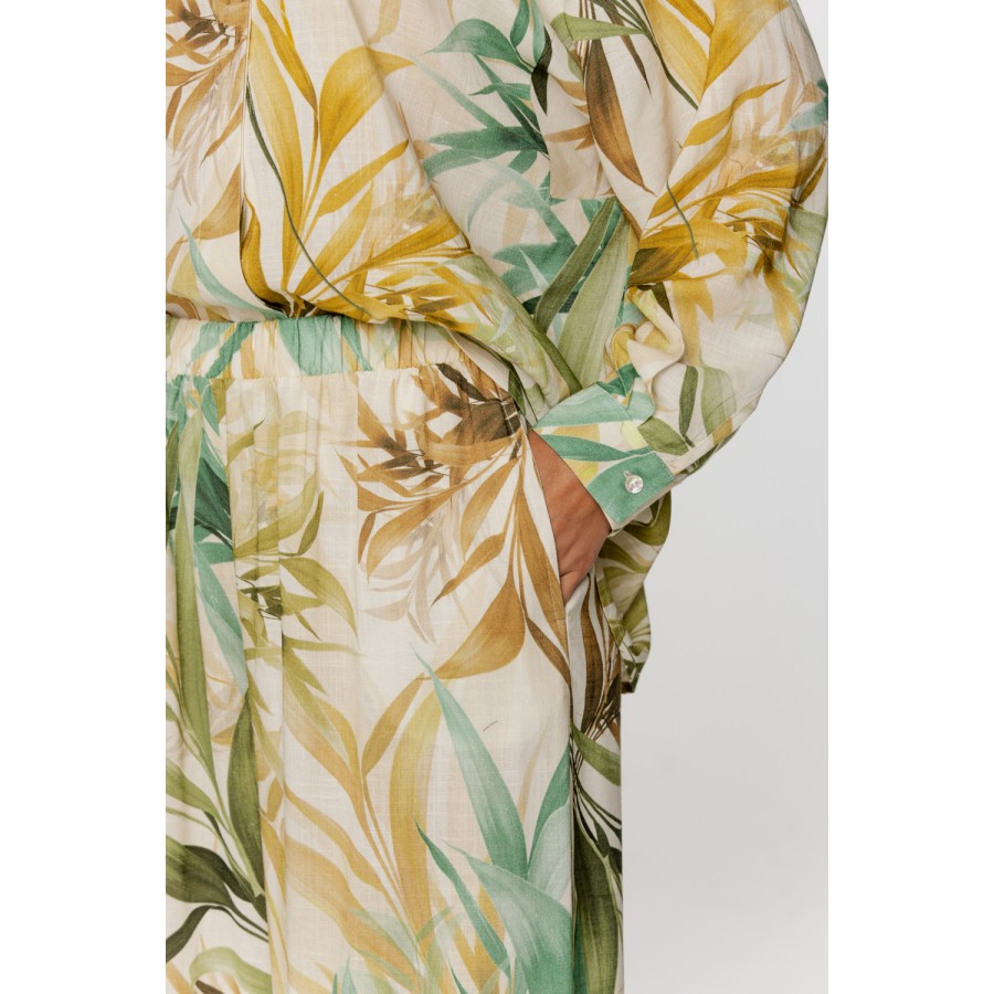 Ensemble de pyjama ample en viscose et lin, motif tropical, haut chemise boutonnée à manches longues et pantalon ample
