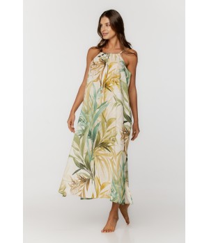 Camisón holgado de viscosa y lino con cuello halter y estampado tropical