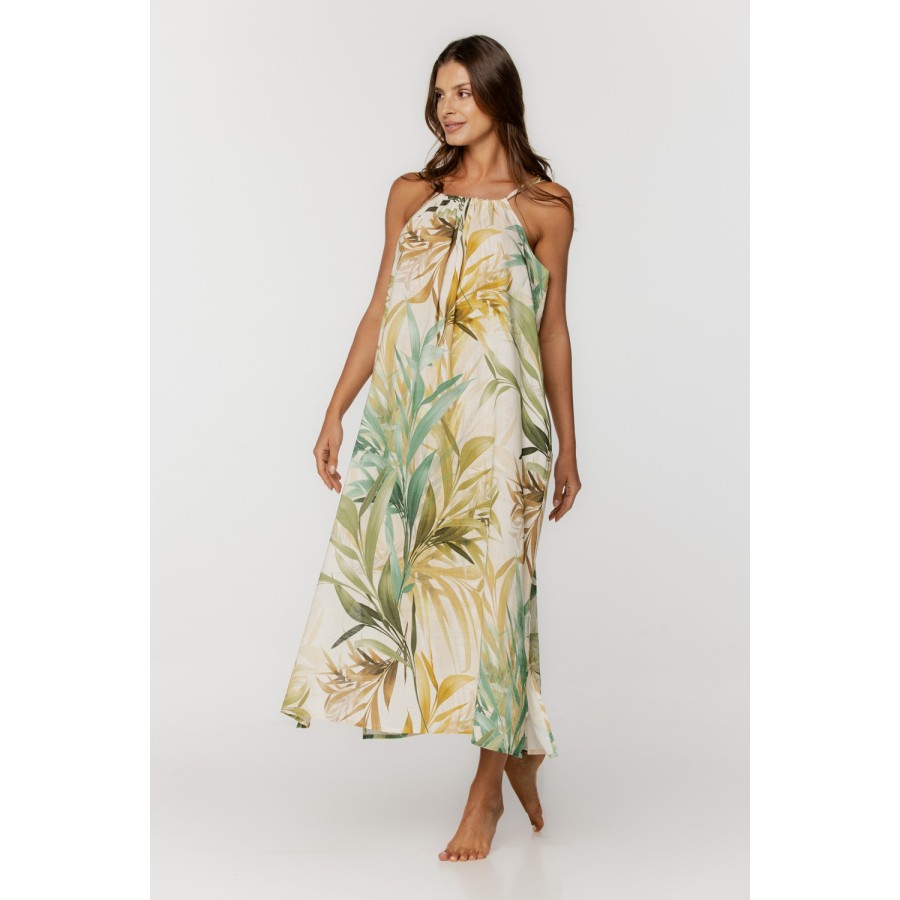 Camisón holgado de viscosa y lino con cuello halter y estampado tropical