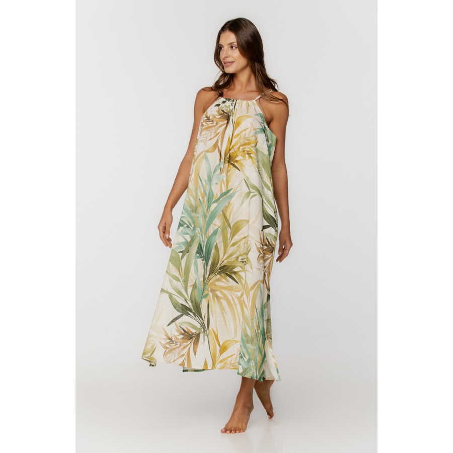 Robe d'intérieur ample et longue en viscose et lin, fines bretelles et poches latérales