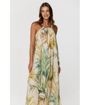 Caída fluida del camisón estampado tropical de lino