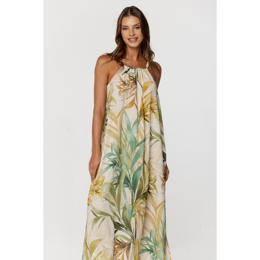 Caída fluida del camisón estampado tropical de lino
