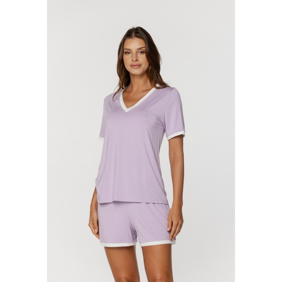 Pretty micromodal sleepwear set, short-sleeved t-shirt and shorts trimmed with piping