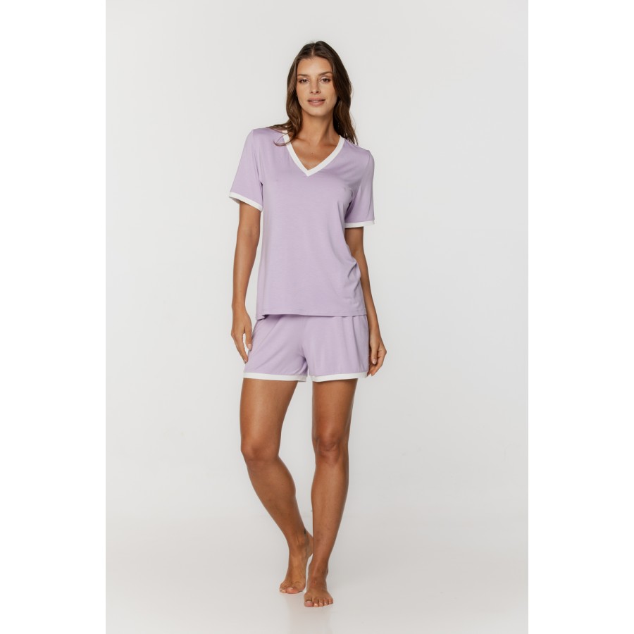 Pretty micromodal sleepwear set, short-sleeved t-shirt and shorts trimmed with piping