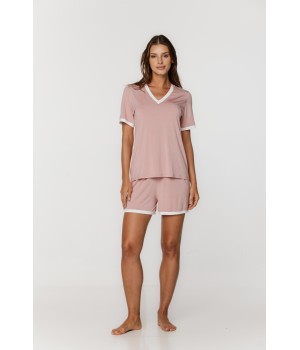 Joli ensemble de nuit en micromodal, tee-shirt manches courtes et short soulignés d'un liseret