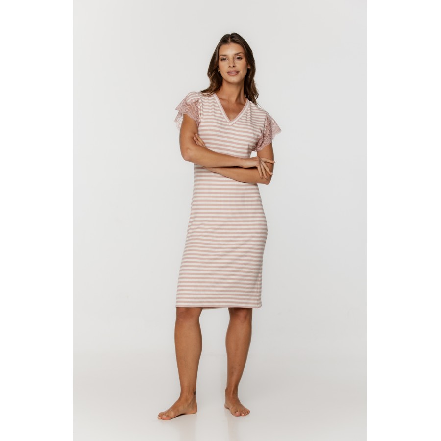 Wonderful striped nightgown with V-neck and embroidery