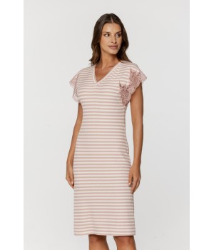 Magnifique chemise de nuit à rayure, col en V et broderie