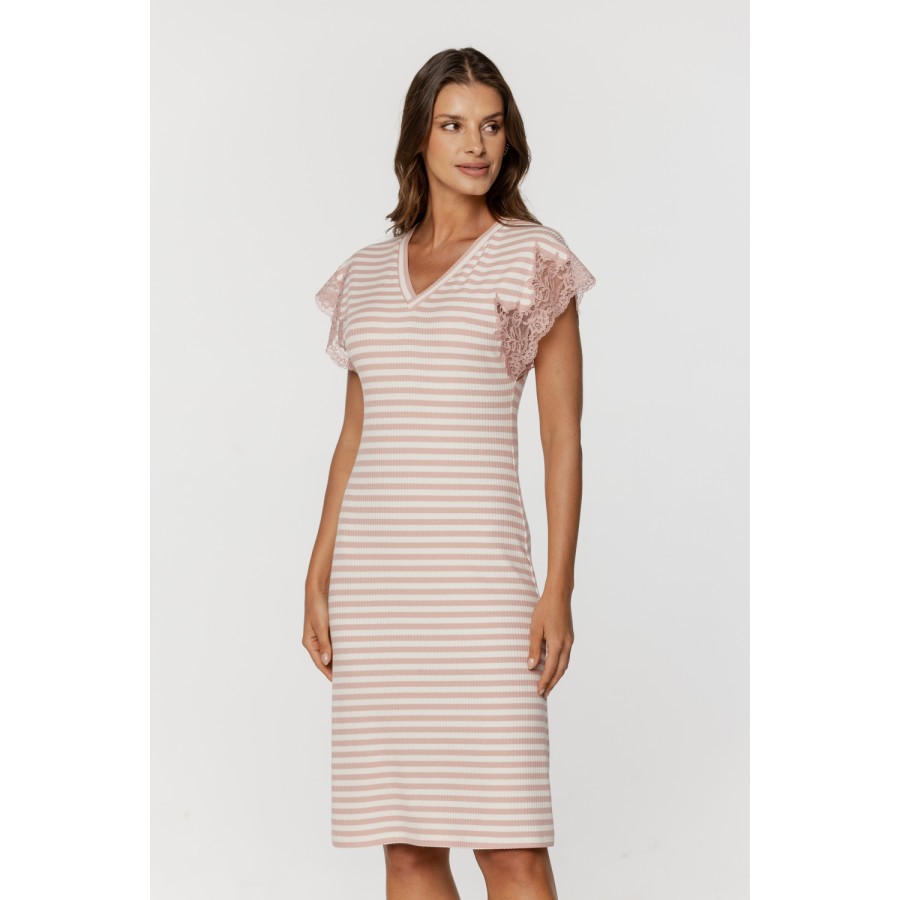 Wonderful striped nightgown with V-neck and embroidery