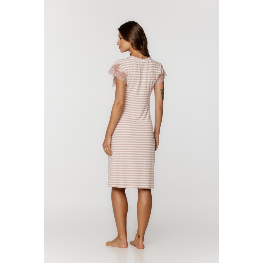 Wonderful striped nightgown with V-neck and embroidery