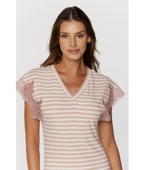 Wonderful striped nightgown with V-neck and embroidery