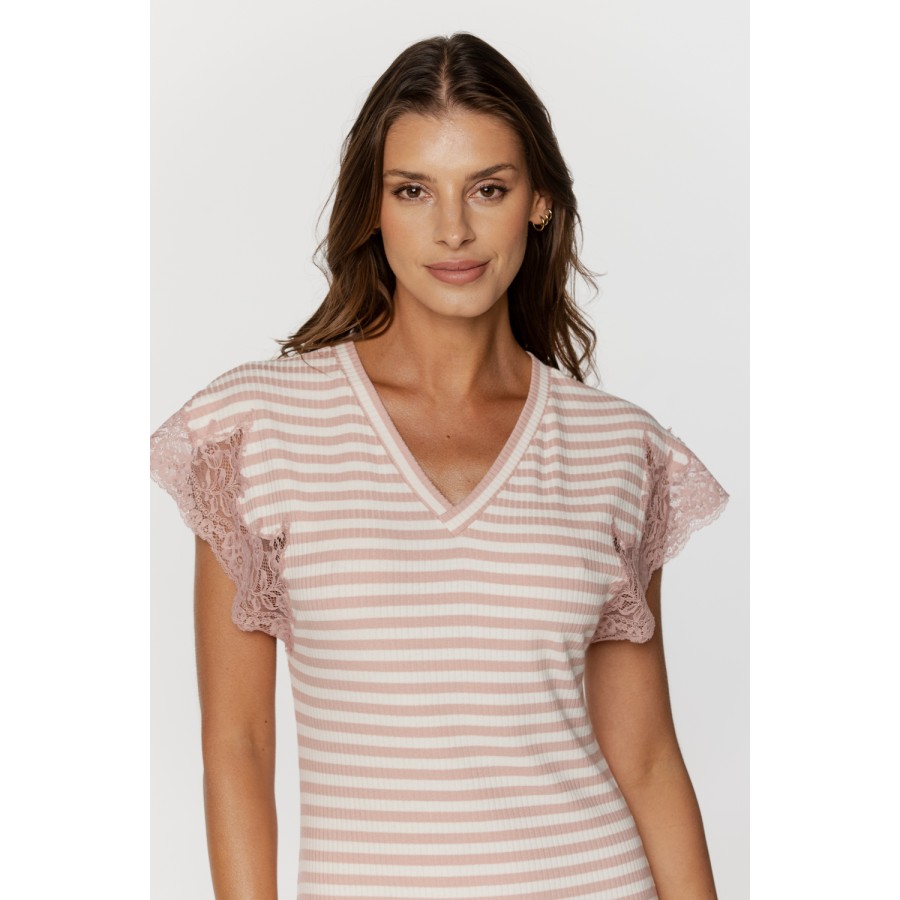 Magnifique chemise de nuit à rayure, col en V et broderie