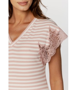 Magnifique chemise de nuit à rayure, col en V et broderie