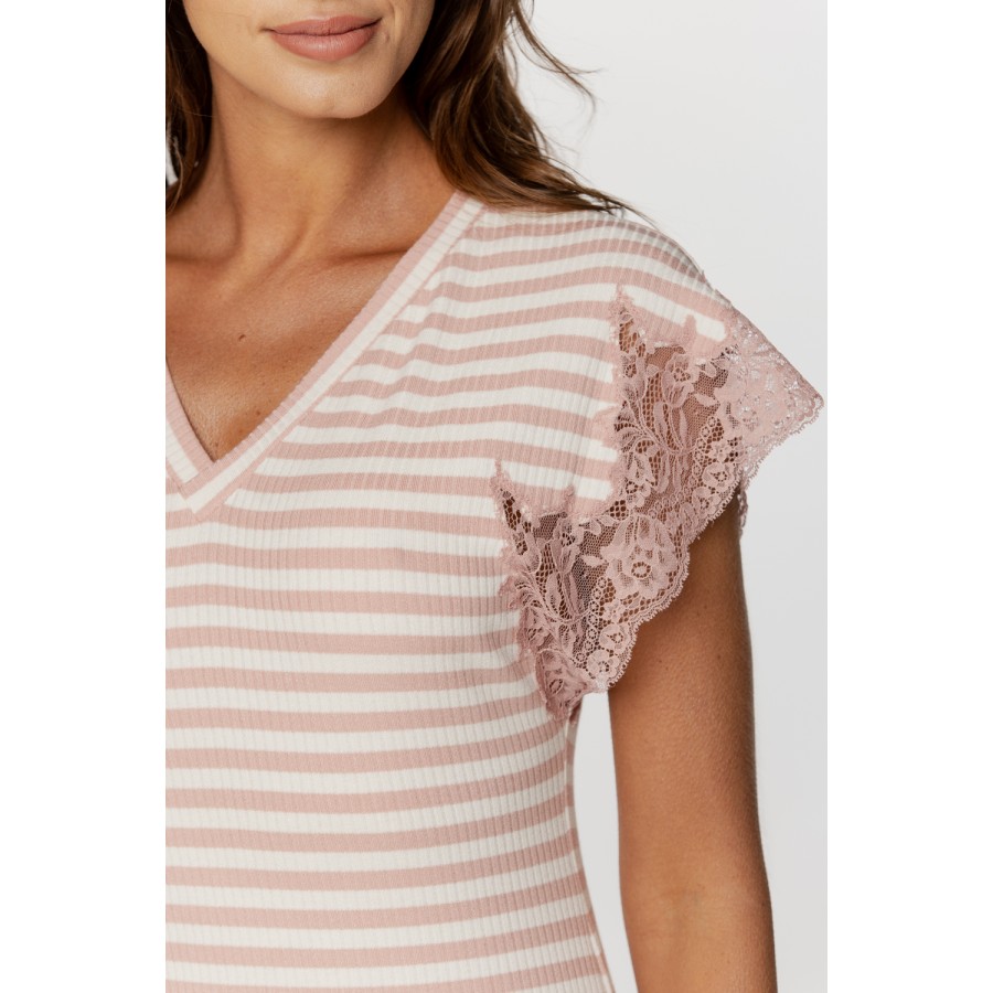 Wonderful striped nightgown with V-neck and embroidery