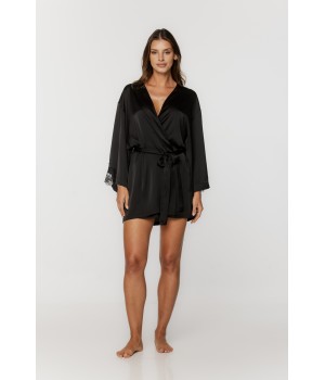 Lovely little satin negligee with wide sleeves trimmed in lace