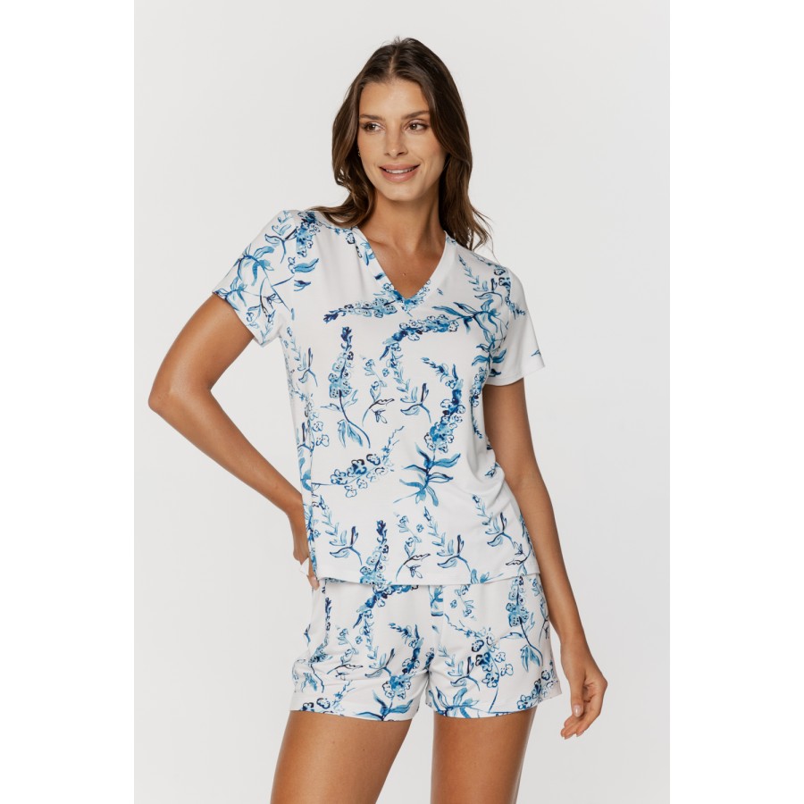 Pyjama-Set mit geblümtem Oberteil und kurzem Hosenbein, T-Shirt mit V-Ausschnitt 3 - www.coemi-lingerie.com 
