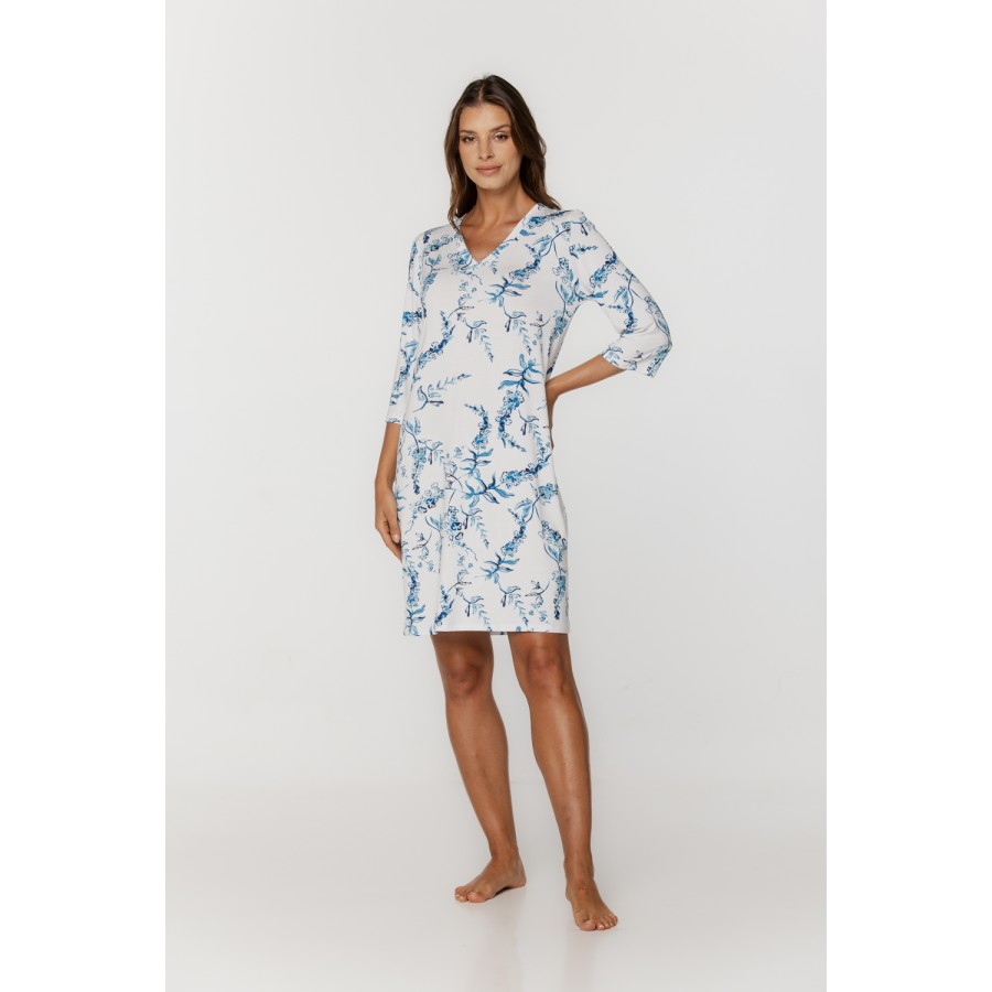 Nachthemd aus Mikromoda mit Blumenmuster, Dreiviertelärmeln und V-Ausschnitt 1 - www.coemi-lingerie.com 