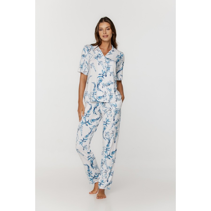 Pijama micromodal floreado camisa botones y pantalón largo con bolsillos