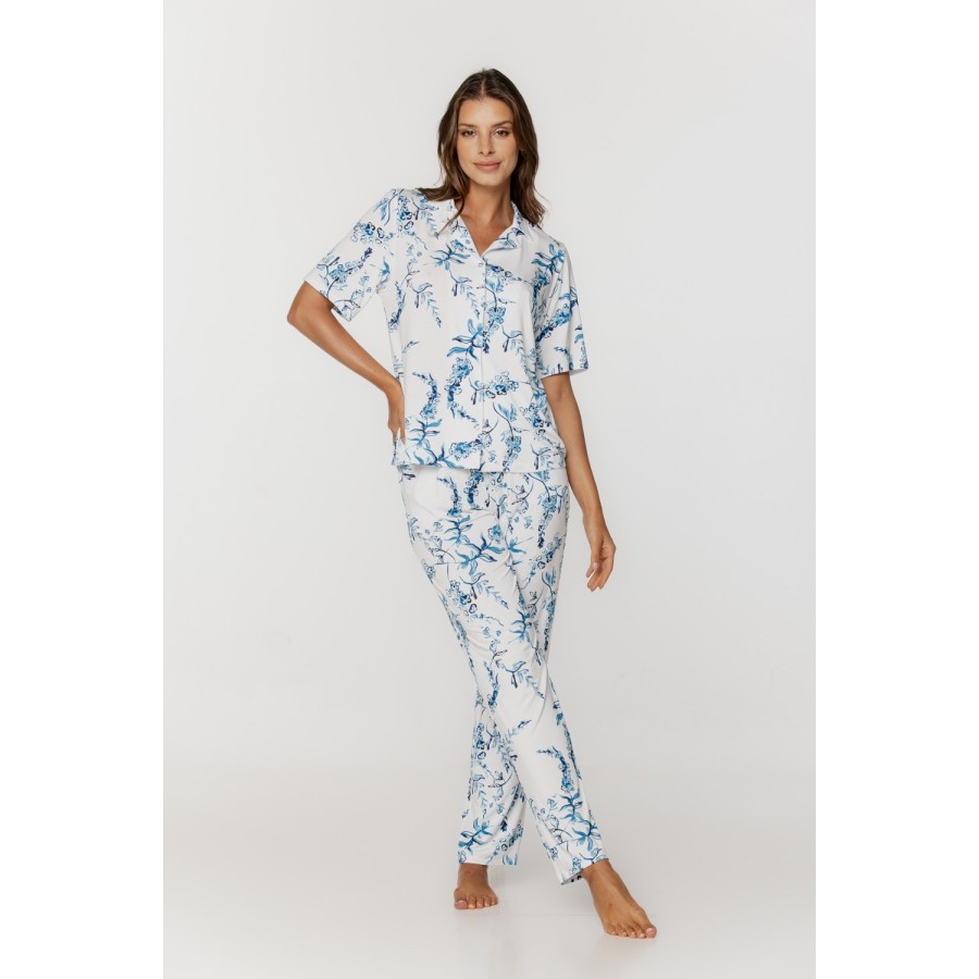 Camisa de pijama floreada micomodal escote en pico y botones