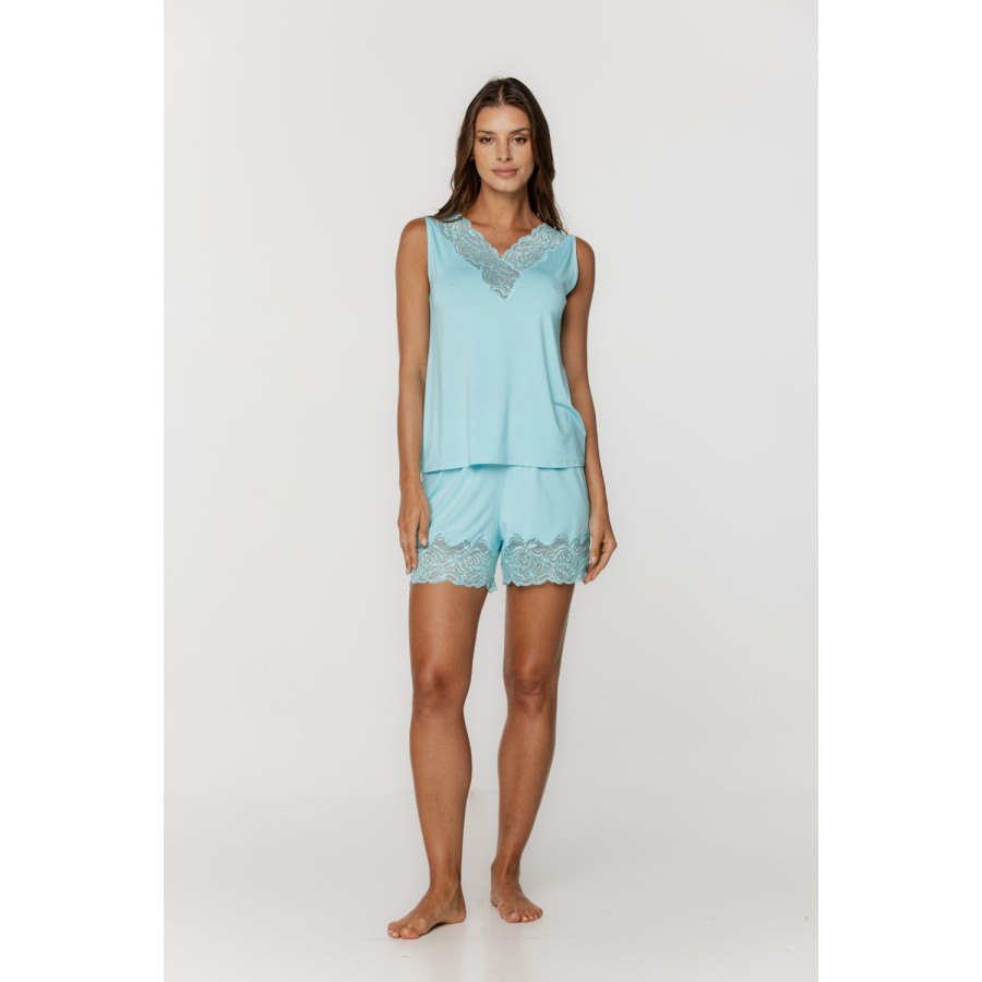 Ensemble pyjama top et shorty en micromodal et dentelle top sans manches Pyjamas - www.coemi-lingerie.com 