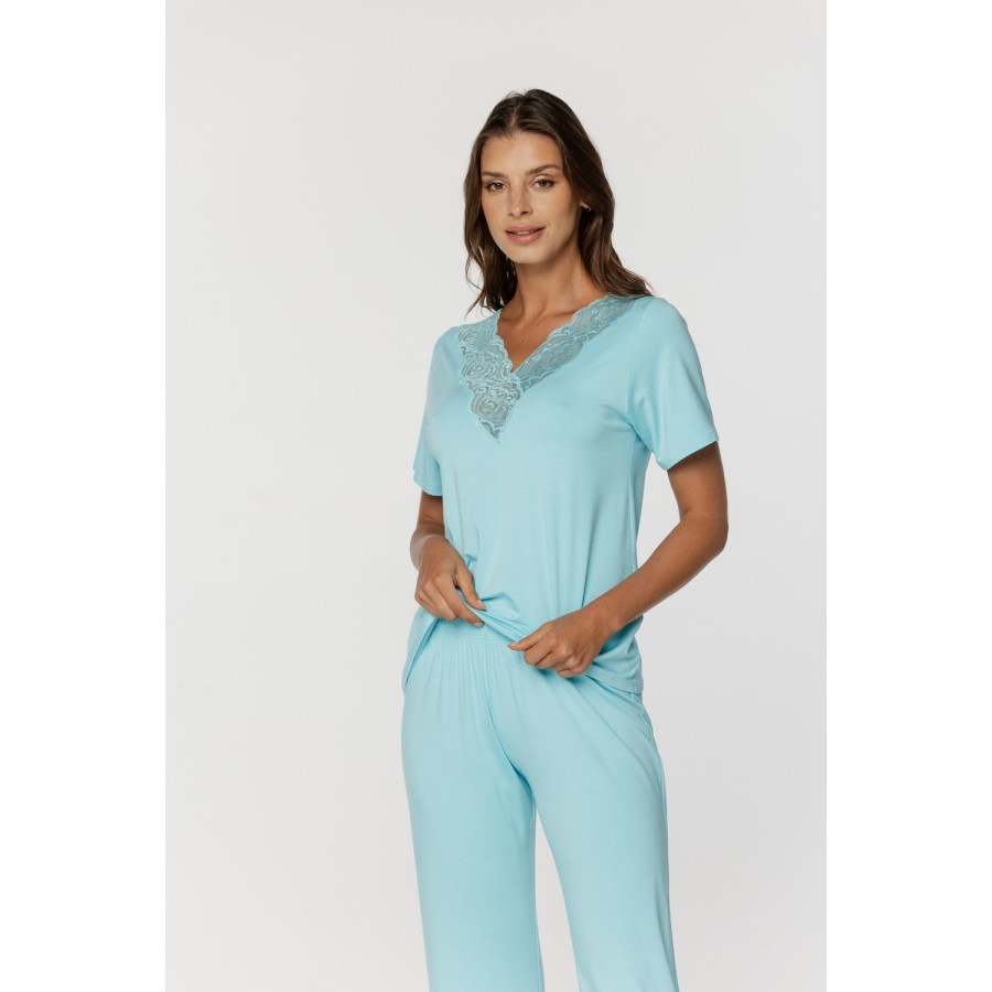 Pyjama-Set aus Mikromodal und Spitze, V-Ausschnitt-T-Shirt mit Spitze vorne und hinten 3 - www.coemi-lingerie.com 