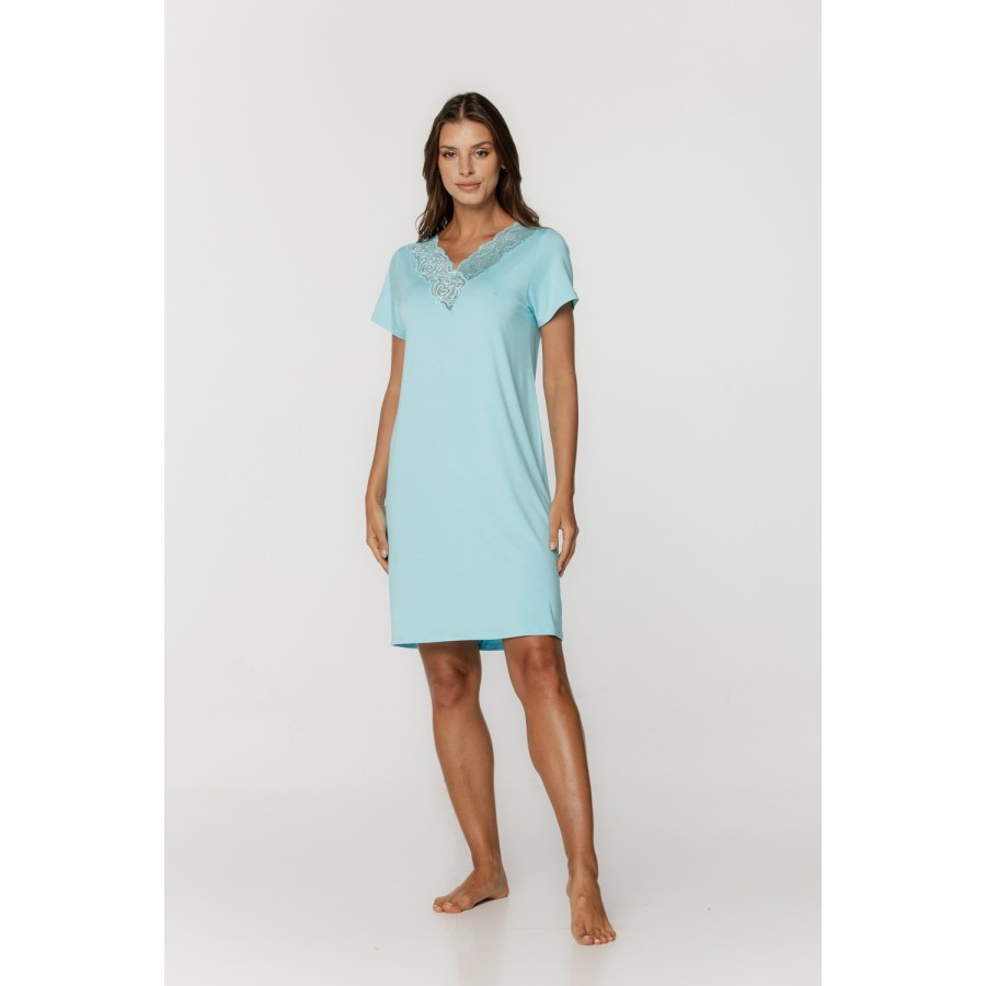Camisón de micromodal azul con encaje en el escote en V