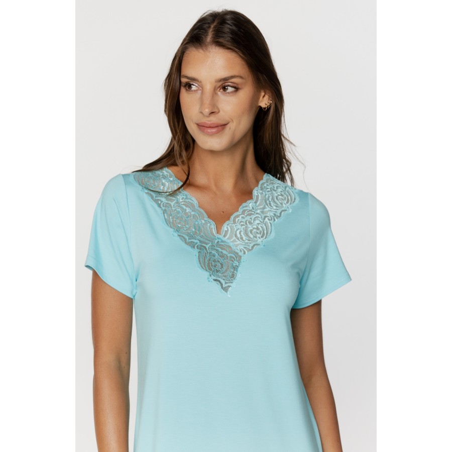 Camisón de micromodal azul visto de perfil, manga corta