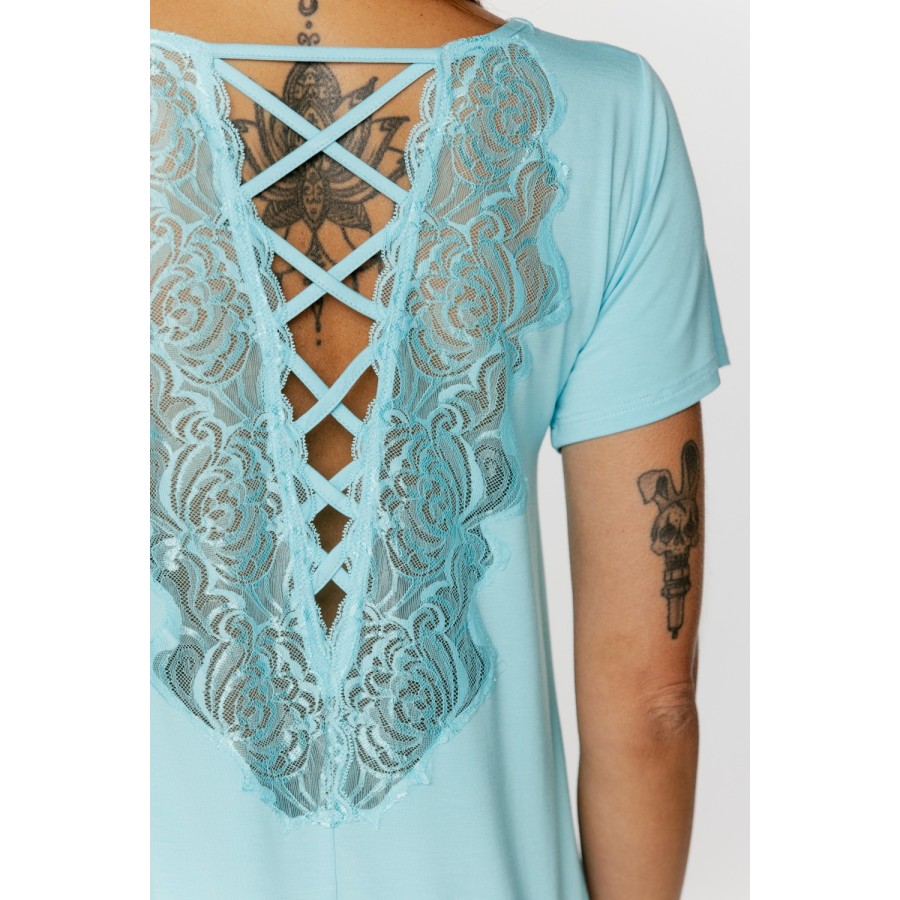 Camisón de micromodal azul con espalda de encaje y lazos