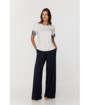 Pijama micromodal encaje mangas cortas pantalón largo blanco