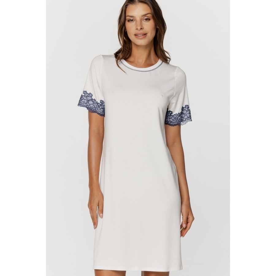 Camisón túnica micromodal azul con ribete en cuello redondo