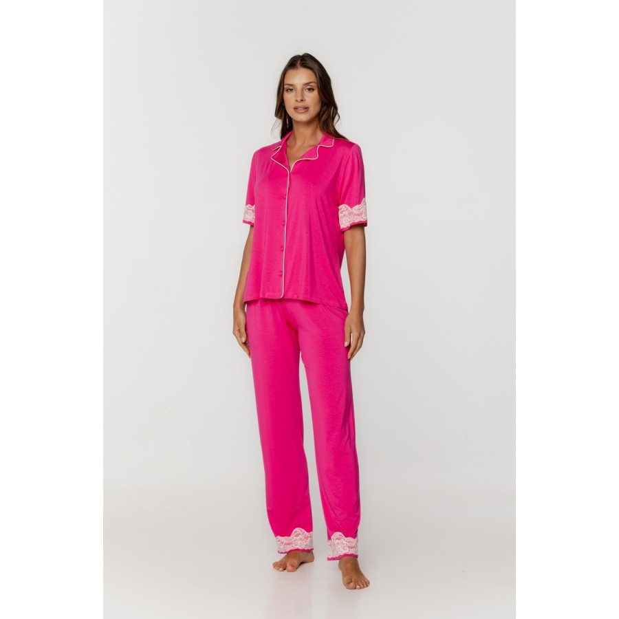 Pijama micromodal blusa camisera y pantalón recto con encaje en negro