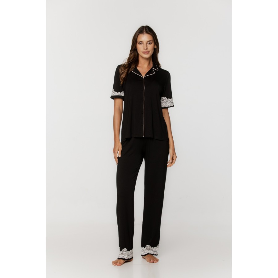 Pijama micromodal blusa camisera y pantalón recto con encaje en negro