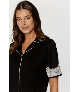 Ensemble pyjama en micromodal haut chemisette ourlée de dentalle et pantalon droit Pyjamas - www.coemi-lingerie.com 