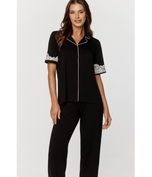 Ensemble pyjama en micromodal haut chemisette ourlée de dentalle et pantalon droit Pyjamas - www.coemi-lingerie.com 