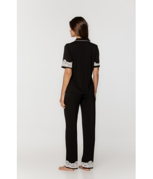 Ensemble pyjama en micromodal haut chemisette ourlée de dentalle et pantalon droit Pyjamas - www.coemi-lingerie.com 