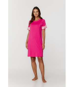 Tunic nightdress in micromodal with short sleeves adorned with lace and a round neck