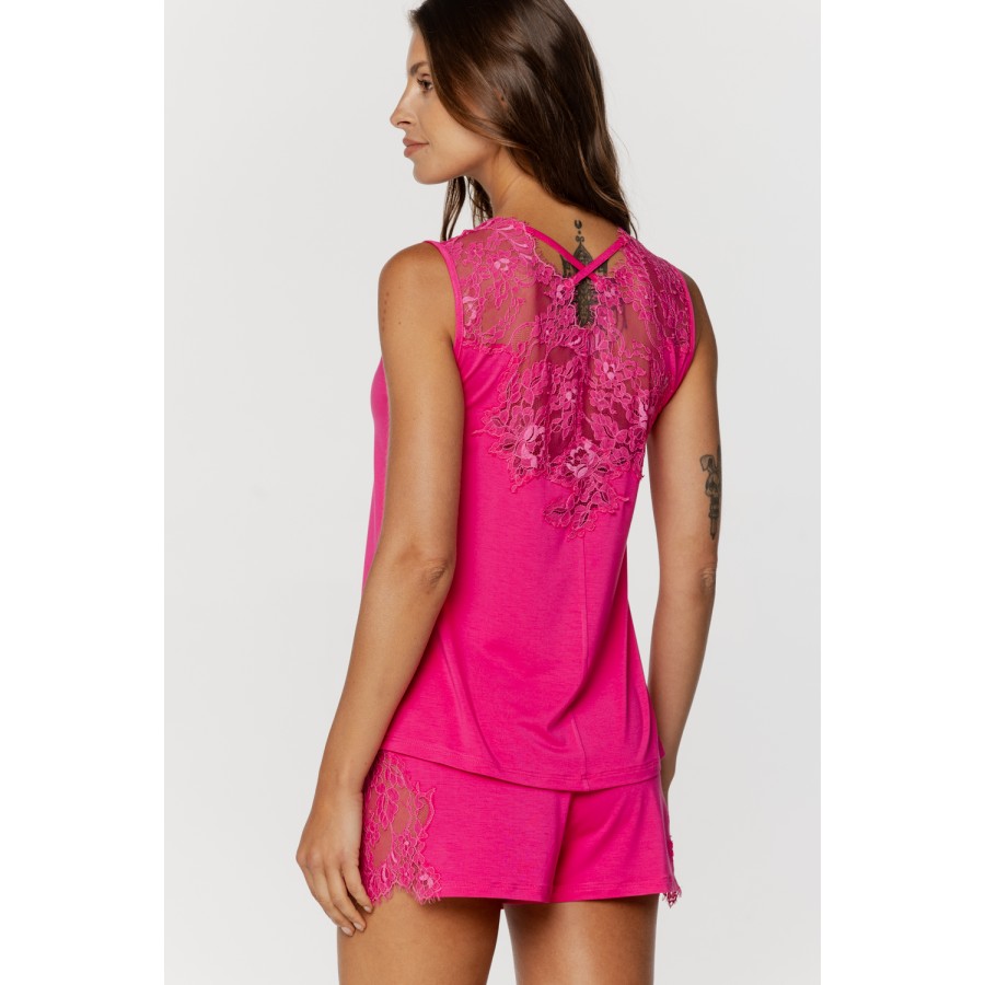 Ensemble pyjama top sans manche avec dentelle sur le buste et dans le dos et shorty taille élastique Pyjamas - www.coemi-lingeri