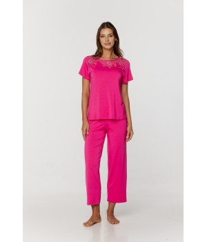 Conjunto de pijama rosa micromodal con encaje en delantero y espalda