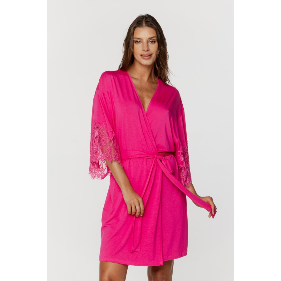 Déshabillé arrrivant mi-cuisse en micromodal manches 3/4 ourlées de dentelle Déshabillés - www.coemi-lingerie.com 