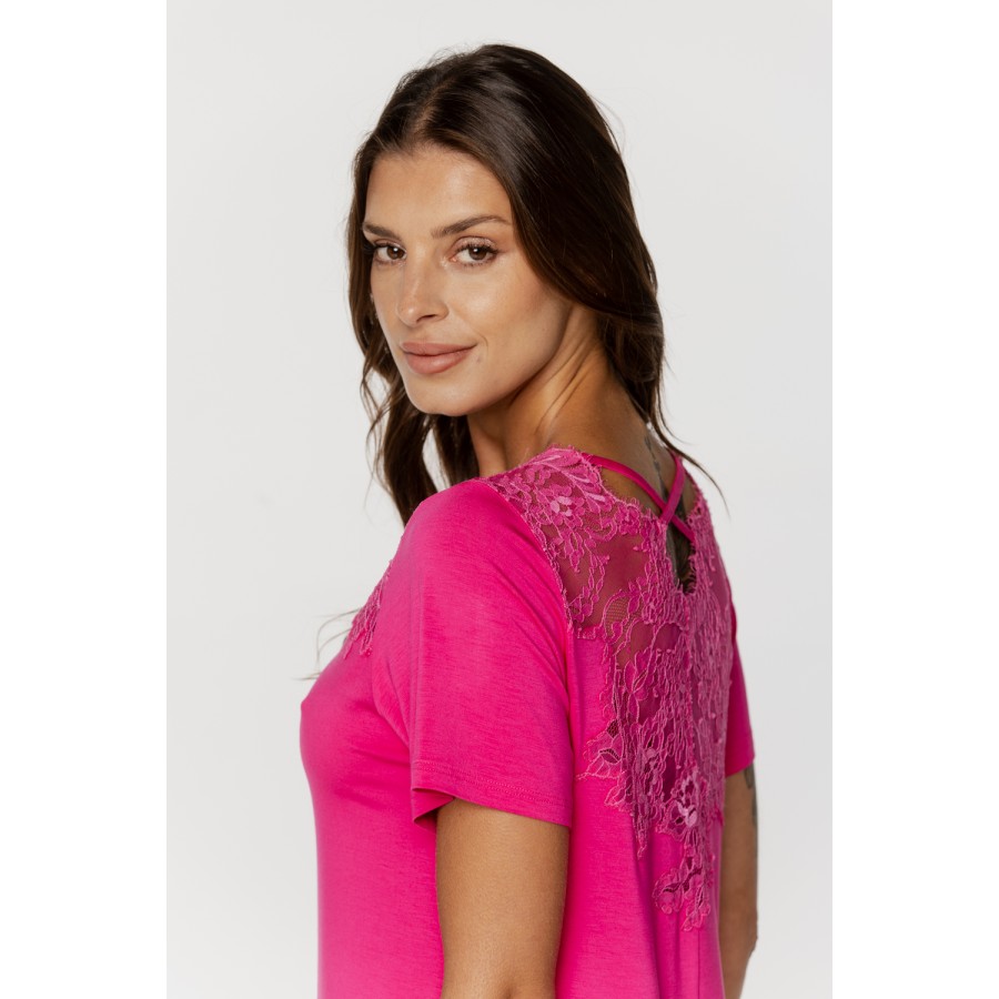 Chemise de nuit en micromodal tee-shirt long manches courtes dentelle sur le buste et dans le dos Chemises de nuit - www.coemi-l